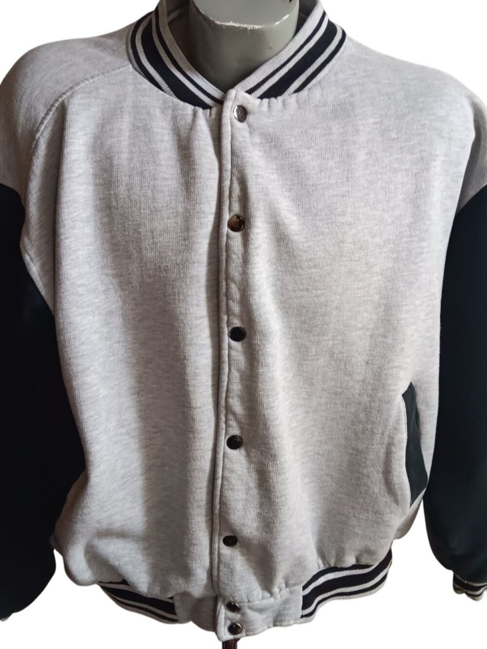 Vintage Varsity Jacket 90's Large Snap Closure Striped Collar OG Heather Gray